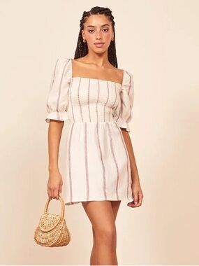 Reformation Cerise Smocked Linen Dress in White with Red Stripes - Fits like a M